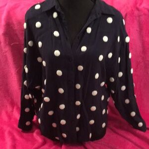 Zara Dark Blue and White Dot Button-Up Blouse